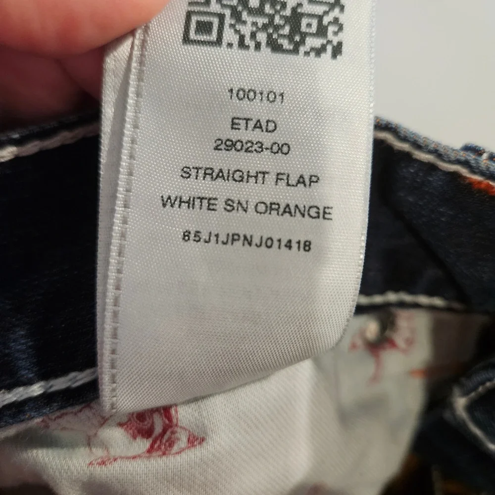 True Religion Jeans Mens 32 Blue Straight Flap Orange Stitch Distressed Ripped